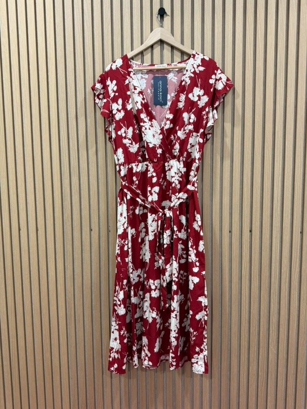 Anna Kaci Red Floral Wrap Dress with Tie Waist